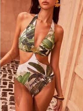 commense Tropical Leaf Cutout One-Piece Swimsuit - Green/white. new